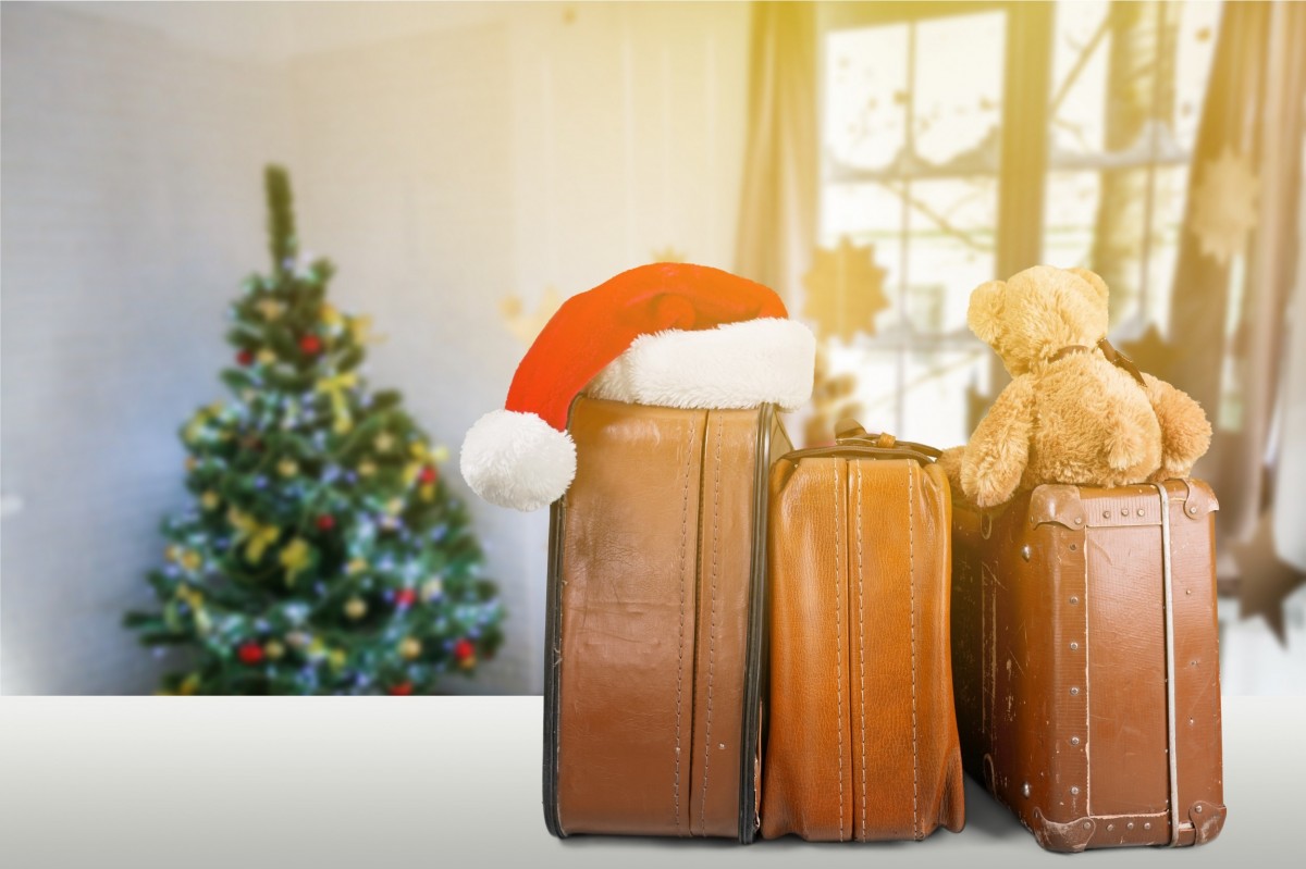 suitcases with Santa hat and teddy bear